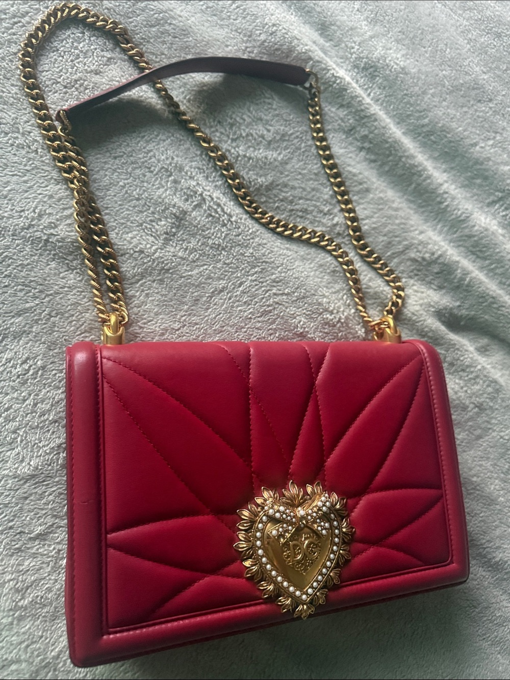 Dolce & Gabbana Red Quilted Leather Shoulder Bag with Gold Heart Emblem